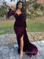 Long Sleeves Mermaid Velvet High Slit Long Evening Prom Dresses, GR0371