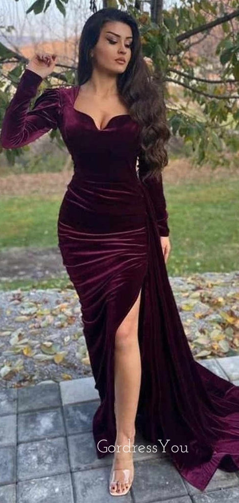 Long Sleeves Mermaid Velvet High Slit Long Evening Prom Dresses, GR0371