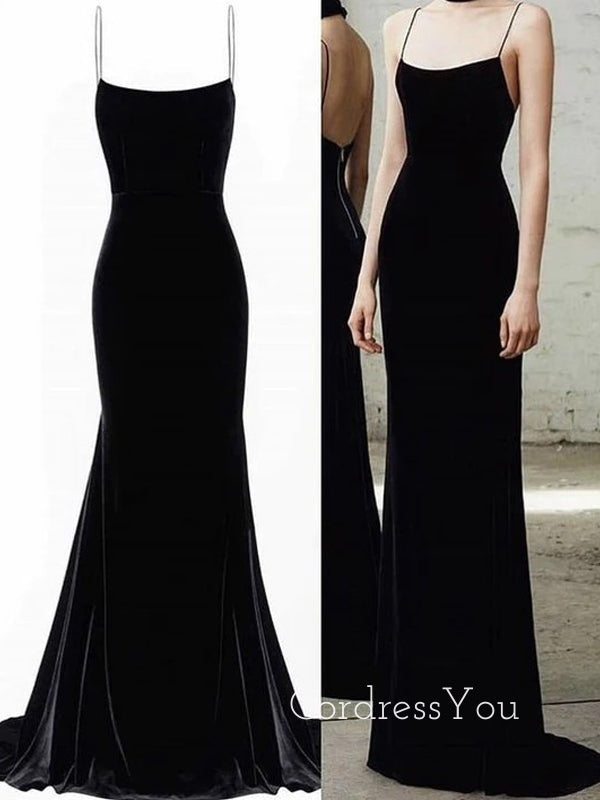 Black Velvet Mermaid Spaghetti Straps Long Evening Prom Dresses, GR0372