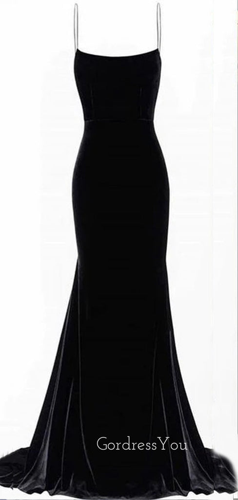 Black Velvet Mermaid Spaghetti Straps Long Evening Prom Dresses, GR0372