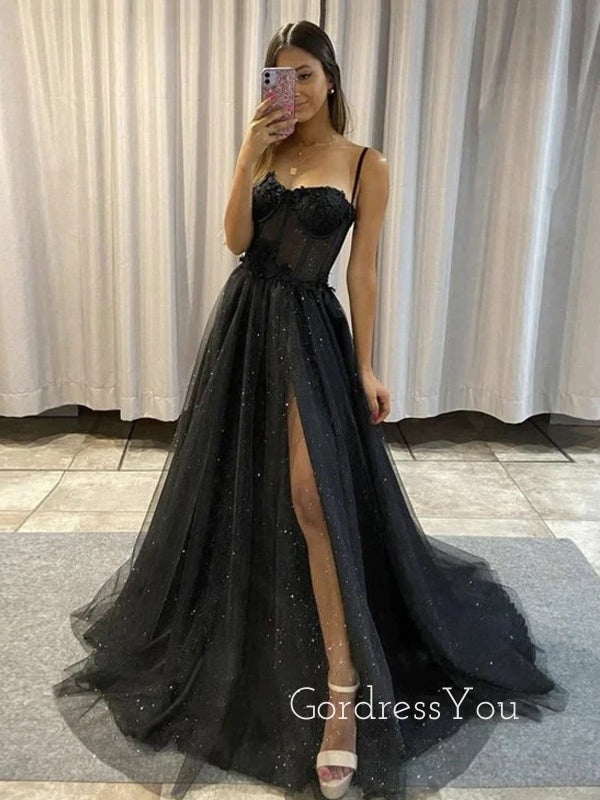 Sparkly Black Tulle A-line High Slit Long Evening Prom Dresses, Spaghetti Straps Prom Dress, GR0375