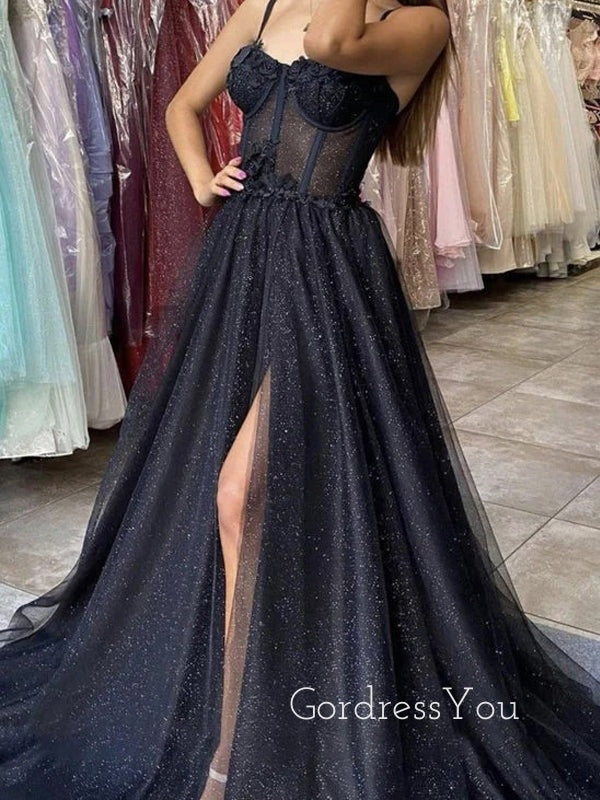 Sparkly Black Tulle A-line High Slit Long Evening Prom Dresses, Spaghetti Straps Prom Dress, GR0375