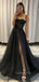 Sparkly Black Tulle A-line High Slit Long Evening Prom Dresses, Spaghetti Straps Prom Dress, GR0375