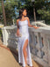 Spaghetti Straps White Mermaid Side Slit Long Evening Prom Dresses, GR0376