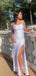 Spaghetti Straps White Mermaid Side Slit Long Evening Prom Dresses, GR0376