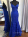 Blue Lace Mermaid V-neck Long Evening Prom Dresses, GR0378