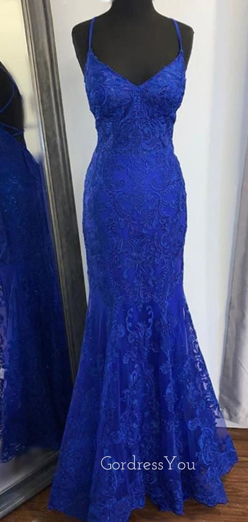 Blue Lace Mermaid V-neck Long Evening Prom Dresses, GR0378