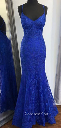 Blue Lace Mermaid V-neck Long Evening Prom Dresses, GR0378