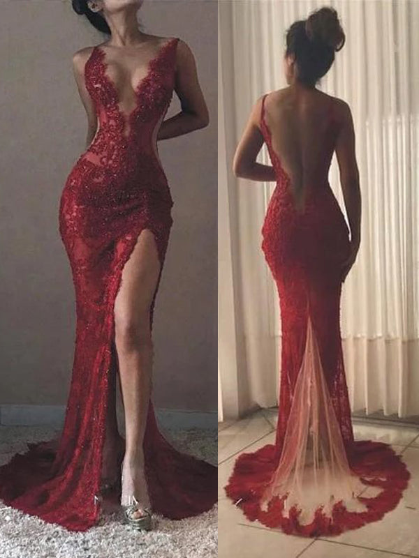 Sexy Red Lace Mermaid V-neck Long Evening Prom Dresses, Side Slit Prom Dress, GR0381