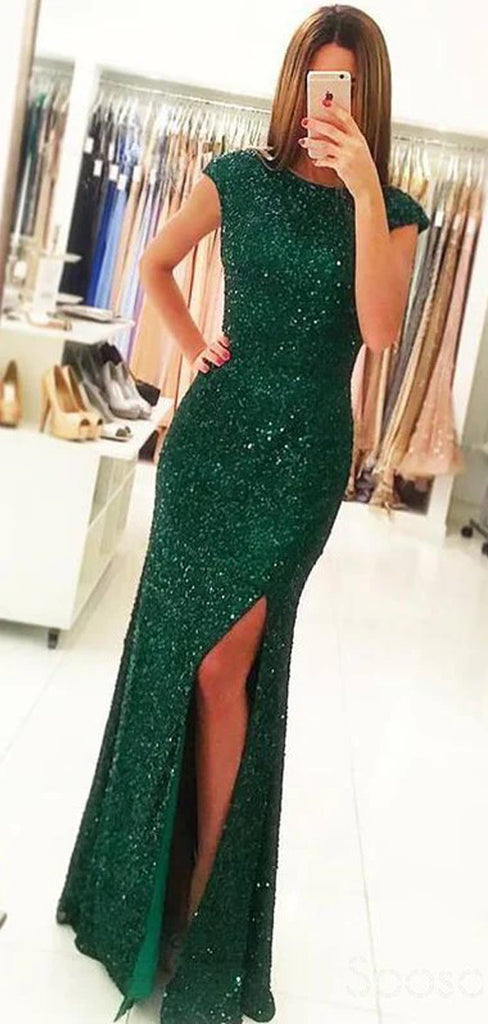 Green Sequins Mermaid Backless Long Evening Prom Dresses, GR0382