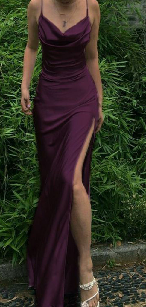 Simple Purple Mermaid Side Slit Long Evening Prom Dresses, GR0383