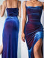 Simple Blue Velvet Spaghetti Straps Side Slit Long Evening Prom Dresses, GR0384