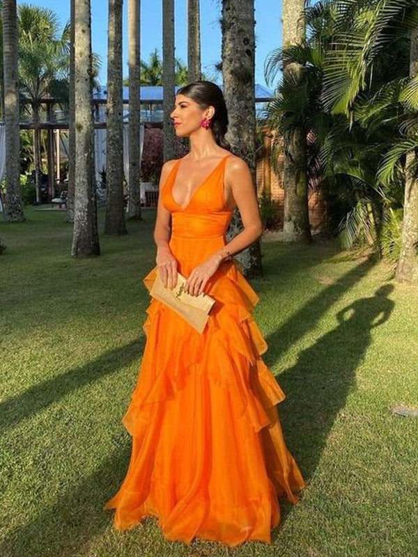 A-line Orange V-neck Long Evening Prom Dresses, Organza Prom Dress, GR0385