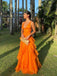 A-line Orange V-neck Long Evening Prom Dresses, Organza Prom Dress, GR0385