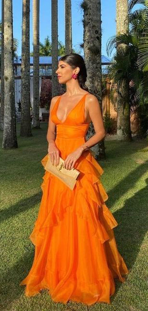 A-line Orange V-neck Long Evening Prom Dresses, Organza Prom Dress, GR0385