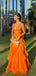 A-line Orange V-neck Long Evening Prom Dresses, Organza Prom Dress, GR0385