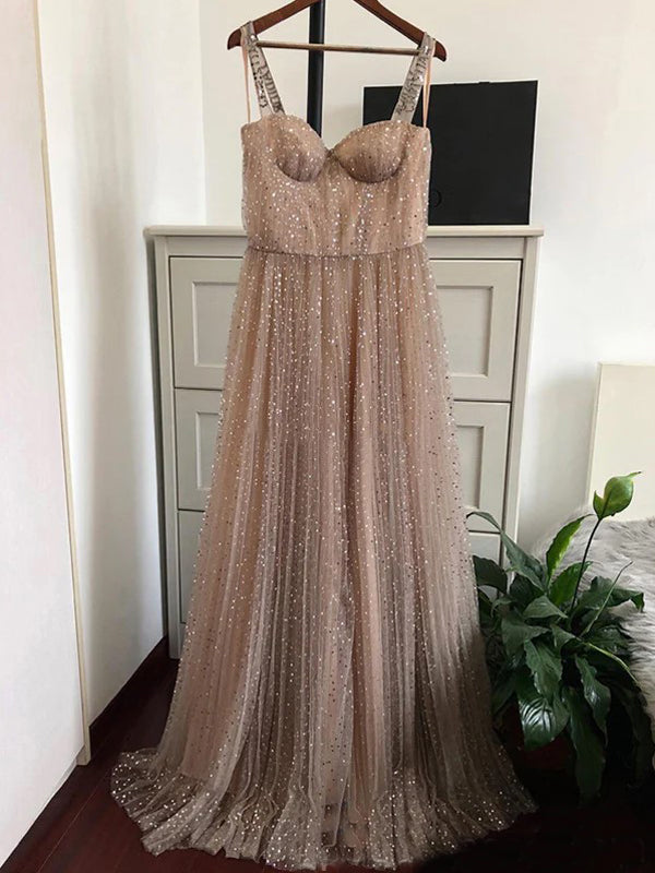 A-line Sparkly Spaghetti Straps Long Evening Prom Dresses, GR0387