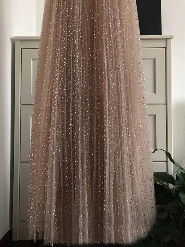 A-line Sparkly Spaghetti Straps Long Evening Prom Dresses, GR0387