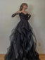 A-line Black Tulle Formal Strapless Long Evening Prom Dresses, GR0390