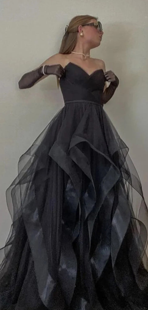 A-line Black Tulle Formal Strapless Long Evening Prom Dresses, GR0390