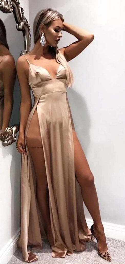 Sexy High Slit Satin Spaghetti Straps Long Evening Prom Dresses, GR0394