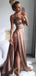 Sexy High Slit Satin Spaghetti Straps Long Evening Prom Dresses, GR0394