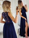 A-line Navy Blue Appliques Long Evening Prom Dresses, Side Slit Prom Dress, GR0395