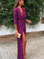 Long Sleeves Purple V-neck Side Slit Long Evening Prom Dresses, GR0396