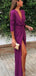 Long Sleeves Purple V-neck Side Slit Long Evening Prom Dresses, GR0396