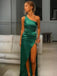 Simple Emerald Green Satin Mermaid Side Slit Long Evening Prom Dresses, One Shoulder Prom Dress, GR0397