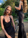 Black Appliques Mermaid Spaghetti Straps Long Evening Prom Dresses, GR0399