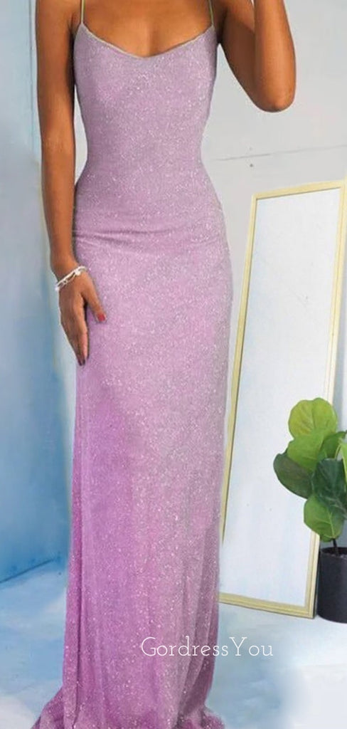 Simple Mermaid Purple Sparkly Long Evening Prom Dresses, Spaghetti Straps Prom Dress, GR0401