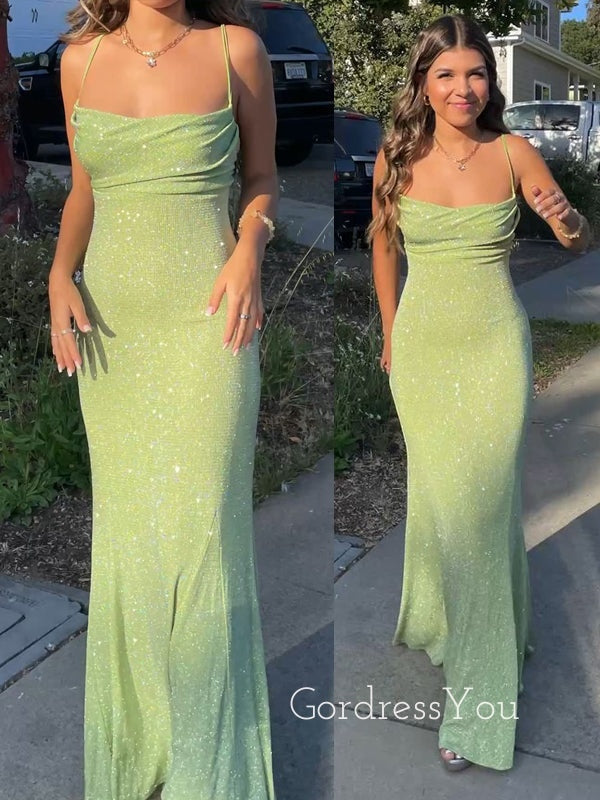 Sexy Sheath Green Sparkly Mermaid Spaghetti Straps Long Evening Prom Dresses, GR0402