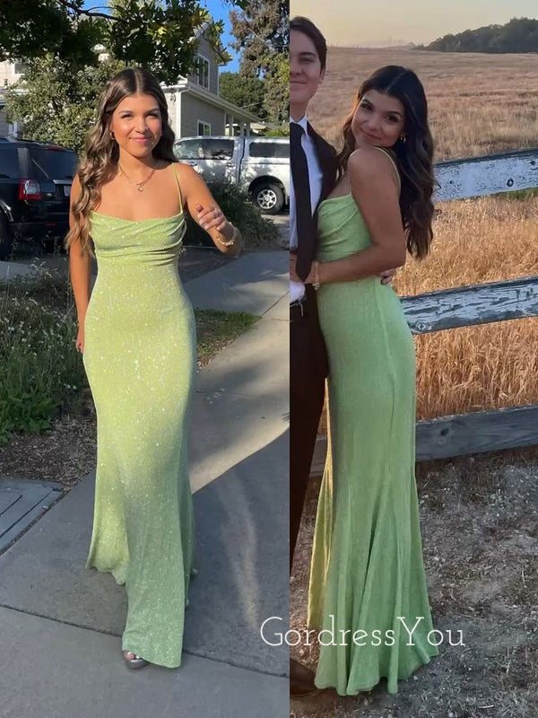 Sexy Sheath Green Sparkly Mermaid Spaghetti Straps Long Evening Prom Dresses, GR0402