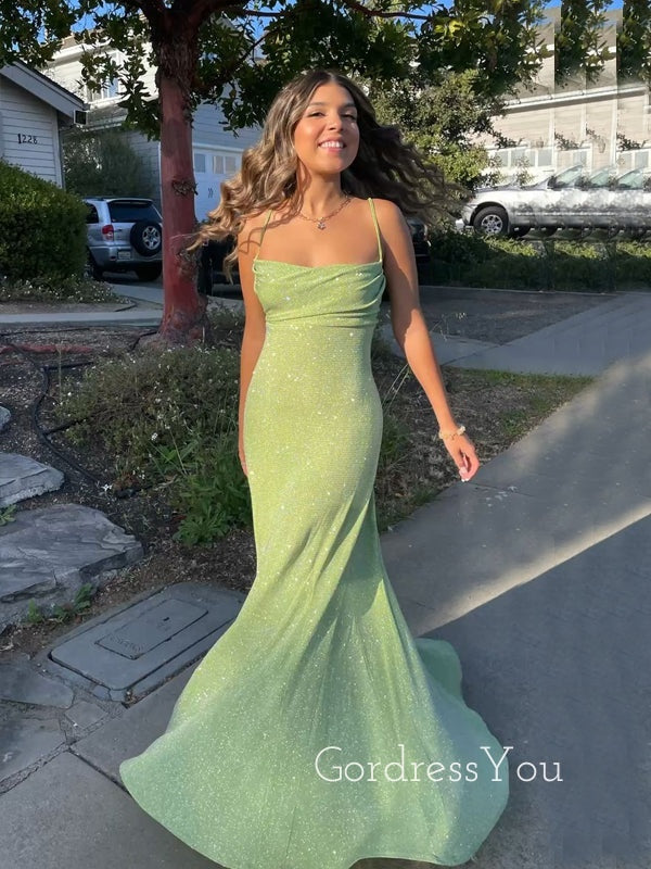 Sexy Sheath Green Sparkly Mermaid Spaghetti Straps Long Evening Prom Dresses, GR0402