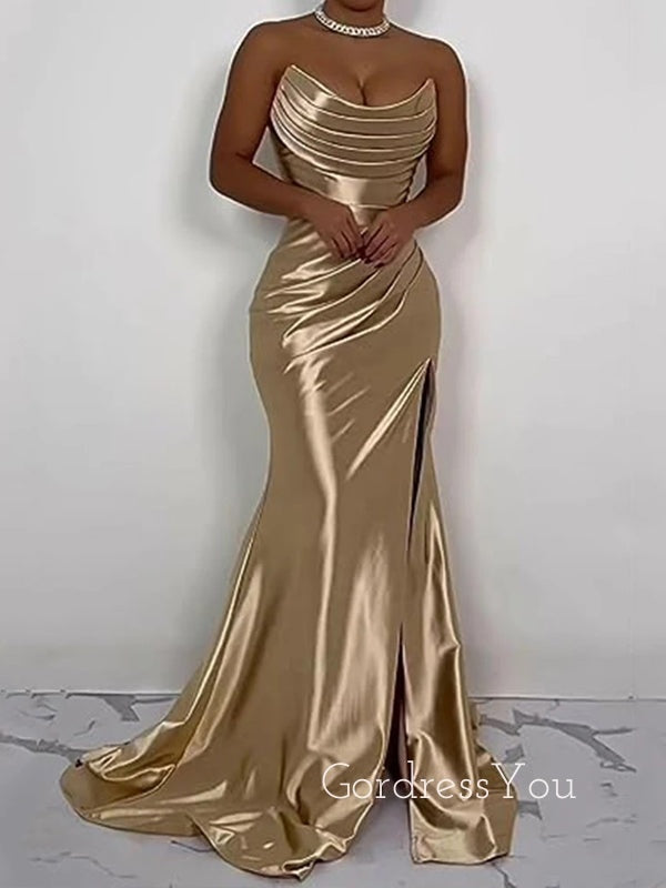 Strapless Satin Mermaid Side Slit Long Evening Prom Dresses, GR0406