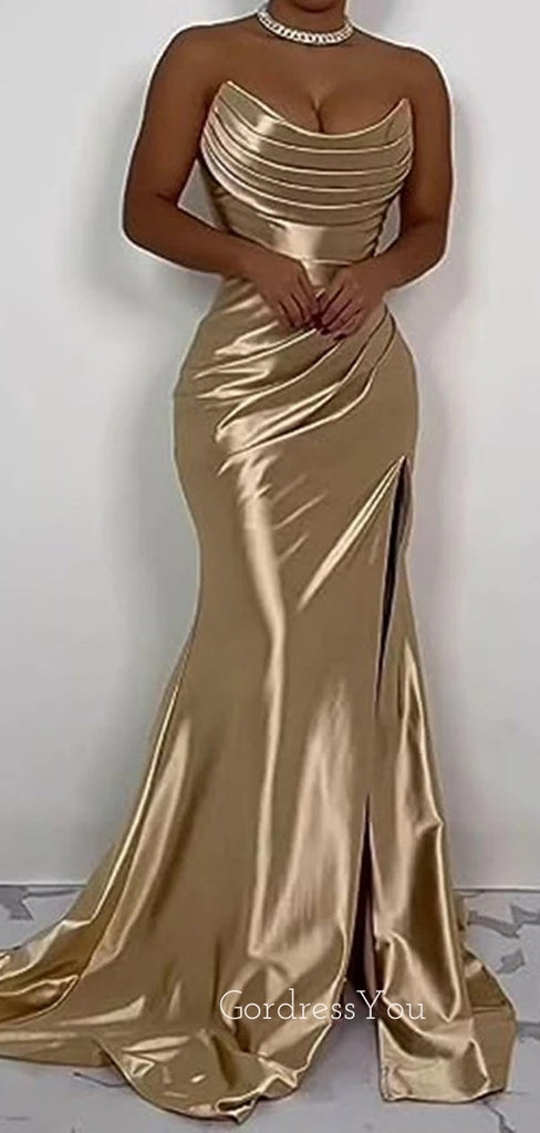 Strapless Satin Mermaid Side Slit Long Evening Prom Dresses, GR0406