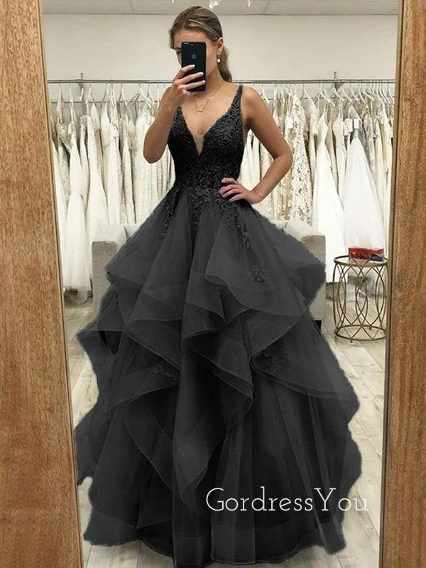 Formal Black Tulle Appliques A-line Long Evening Prom Dresses, V-neck Prom Dress, GR0408