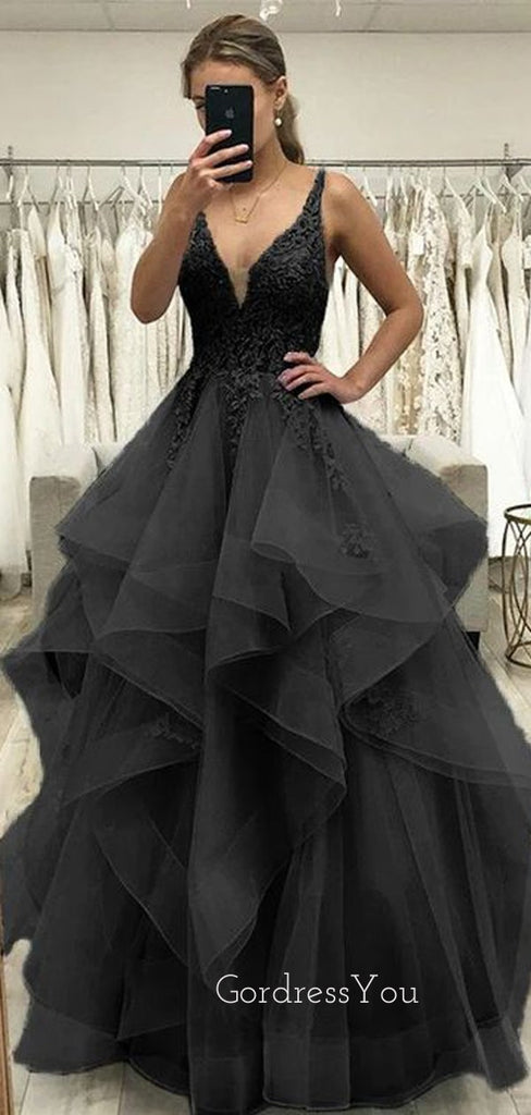 Formal Black Tulle Appliques A-line Long Evening Prom Dresses, V-neck Prom Dress, GR0408