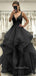 Formal Black Tulle Appliques A-line Long Evening Prom Dresses, V-neck Prom Dress, GR0408