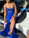 Sweetheart Blue Sequins Mermaid High Slit Long Evening Prom Dresses, GR0411