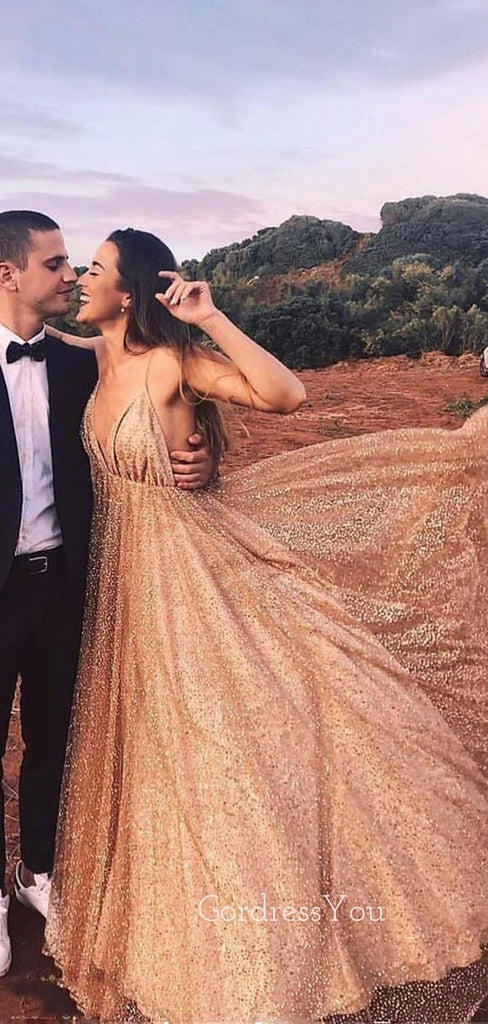 Sparkly A-line Gold Sequins Spaghetti Straps Long Evening Prom Dresses, Deep V-neck Prom Dress, GR0413