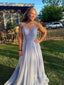 V-neck Blue Sparkly A-line Long Evening Prom Dresses, GR0414