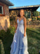 V-neck Blue Sparkly A-line Long Evening Prom Dresses, GR0414