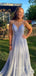 V-neck Blue Sparkly A-line Long Evening Prom Dresses, GR0414