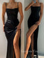 Simple Black Satin Side Slit Long Evening Prom Dresses, Mermaid Cheap Prom Dress, GR0415