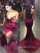 Sweetheart Mermaid Burgundy Satin Side Slit Long Evening Prom Dresses, GR0416