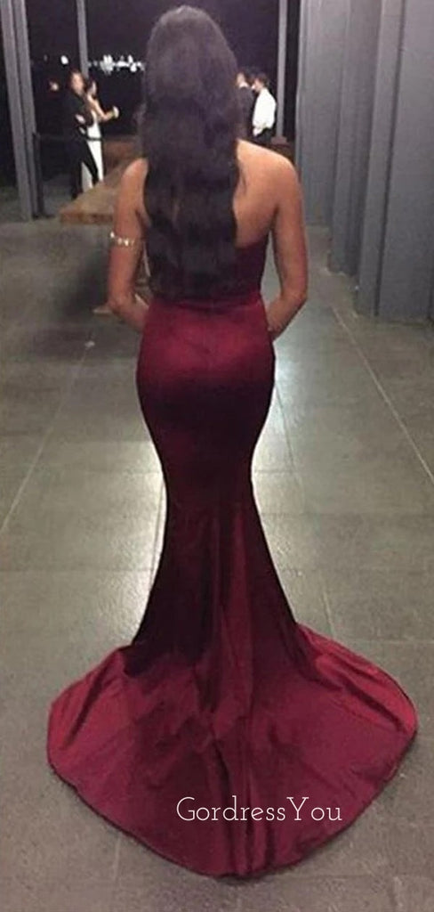 Sweetheart Mermaid Burgundy Satin Side Slit Long Evening Prom Dresses, GR0416