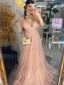 Deep V-neck Tulle A-line Long Evening Prom Dresses, GR0417