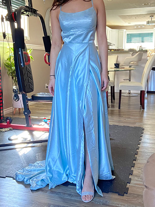 Simple Blue Satin A-line Spaghetti Straps Long Evening Prom Dresses, GR0418